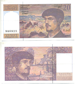 ФРАНЦИЯ 20 ФРАНКОВ 1995 КЛОД ДЕБЮССИ Pick 151h бумага 3295-22-3