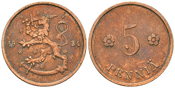 Финляндия 5 пенни 1934 KM 22 медь 4174-417