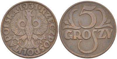 ПОЛЬША 5 ГРОШЕЙ 1931 w KM 10а, Parchimowicz 103e бронза 216-942