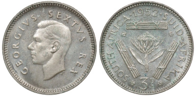 Южная Африка 3 пенса 1952 Георг VI (1937-1952) KM 35.2 серебро UNC 1528-623