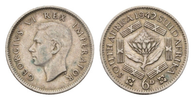 ЮАР 6 пенсов 1942 Георг VI (1936-1952) KM 27 серебро 4564-513