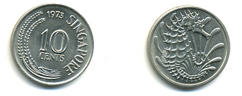 Сингапур 10 центов 1973 морской конек KM 3 медно-никель UNC 86-1144