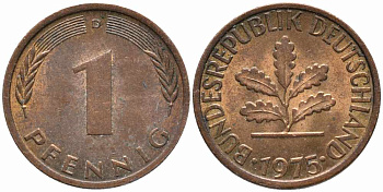 ФРГ 1 ПФЕННИГ 1975 D KM 105, J. 380 сталь плакированная медью 112-134