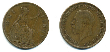 Великобритания 1 пенни 1929 Георг V (1910-1936) KM 838, Spink 4055 бронза 41-953