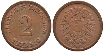 ГЕРМАНИЯ 2 ПФЕННИГА 1876 A, СТАРОГЕРБОВКА KM 2, J.2 медь 4127-1315