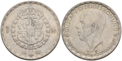 Швеция 1 крона 1950 TS, Густав VI Адольф (1950-1973) KM 814 серебро 4148-1131