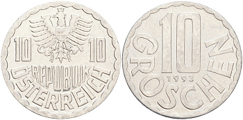 АВСТРИЯ 10 ГРОШЕЙ 1993 KM 2878 алюминий 4528-612