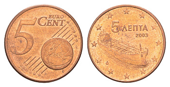 Греция 5 евроцентов 2003 редкий год - 410.000 экземпляров KM 183 сталь плакированная медью aUNC 4649-1233