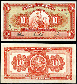 Перу 10 солей 1967 сидящая свобода, Thomas de la Rue Pick 84 a  бумага  аUNC 444-140-2-2