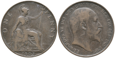 Великобритания 1 пенни 1903 Эдуард VII (1901-1910) KM 794.2, Spink 3990 бронза 32-441