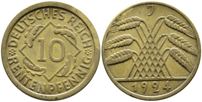 ГЕРМАНИЯ 10 РЕНТЕНПФЕННИГОВ 1924 J KM 33, J. 309, Weege 8 алюминиевая бронза 4390-834