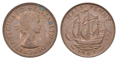 Великобритания 1/2 пенни 1967 Елизавета II (1952-2022) KM 896, Spink 4158 бронза 4663-131