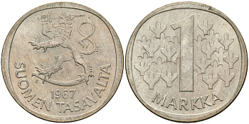 Финляндия 1 марка 1967 S KM 49 серебро 4582-1246