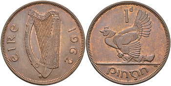 Ирландия 1 пенни 1962 курица с цыплятами KM 11 бронза aUNC 4583-424
