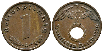 Германия 1 рейхспфенниг 1939 A KM 89, J. 361 бронза    220-338