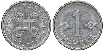 ФИНЛЯНДИЯ 1 МАРКА 1955 KM 36а железо плакированное никелем 3334-1236