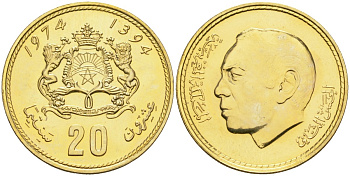 Марокко 20 сантимов 1974 AH1394, Аль Хассан II (1962-1999), KM 61 алюминиевая бронза UNC 4592-817