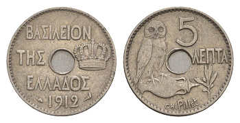 Греция 5 лепт 1912 Георг I (1863-1913), сова KM 62 никель 4655-314