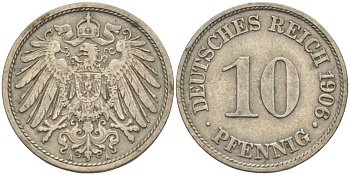ГЕРМАНИЯ 10 ПФЕННИГОВ 1906 A KM 12, J. 13 медно-никель 34-756