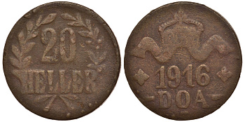 Немецкая Восточная Африка (Танзания) 20 геллеров 1916 T - Ost-Africa, большая корона, буквы LL острые, RRR медь Jaeger 725 a, KM 15, WK 25 a 00-803-24