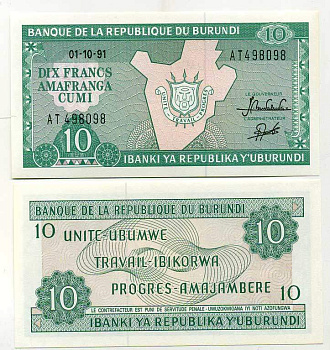 Бурунди 10 франков 1991 карта Бурунди Pick 33b бумага UNC (пресс) 448-2-1