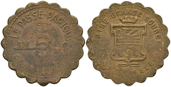 ФРАНЦИЯ 5 САНТИМОВ 1931 ПЛАТЕЖНЫЙ ЖЕТОН, ТОКЕН, НАШ ВЕЛИКИЙ НАЦИОНАЛЬНЫЙ ИСТОЧНИК SPONTIN, ФИГУРНЫЙ КРАЙ, ДИАМЕТР 23 ММ. бронза 98-1022