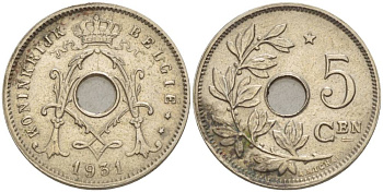 БЕЛЬГИЯ 5 САНТИМОВ 1931 BELGIE, ЗВЕЗДА НАД "5" KM 94 никель латунь 4546-125