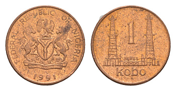 Нигерия 1 кобо 1991 KM 8.2a сталь плакированная медью aUNC 4643-656