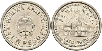 Аргентина 1 песо 1960 150 лет свержения Испанского вице-короля (1810-1960) KM 58 сталь плакированная никелем 4364-2735