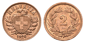 Швейцария 2 раппена 1926 B KM 4.2 бронза 46-829