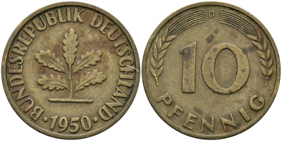 ФРГ 10 ПФЕННИГОВ 1950 D KM 108, J. 383 сталь плакированная латунью 4396-841