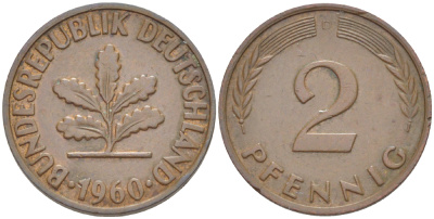 ФРГ 2 ПФЕННИГА 1960 D KM 106, J. 381 бронза 4181-724