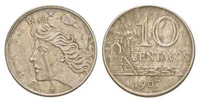 Бразилия 10 сентаво 1967 KM 578.1 медно-никель 4644-433