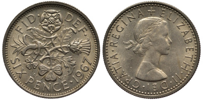 Великобритания 6 пенсов 1967 Елизавета II (1952-2022) KM 903, Spink 4149 медно-никель 4539-217
