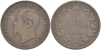 ИТАЛИЯ 5 ЧЕНТЕЗИМО 1861 М, МОНДВОР МИЛАН, ВИКТОР ЭММАНУИЛ II (1861-1878) KM 3.2 медь 4182-1256
