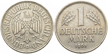 ФРГ 1 МАРКА 1965 D J.385, KM 110 медно-никель 3856-114