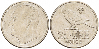 Норвегия 25 эре 1972 Улаф V (1958-1991), синица KM 407 медно-никель 3851-1049