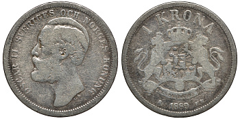 Швеция 1 крона 1889 EB, Оскар II (1872-1907) король Швеции и Норвегии KM 747 серебро 4178-513