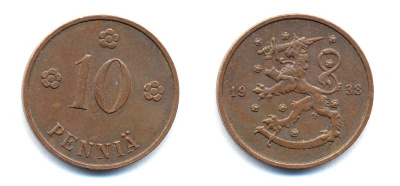 Финляндия 10 пенни 1938 KM 24 медь 51-5651