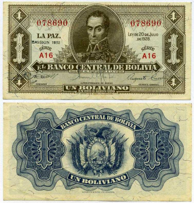 Боливия 1 боливиано 1928 (1951-1952) серия А16, Симон Боливар, надпечатка EMISION 1952 Pick 128 c (2)  бумага  000-00-00