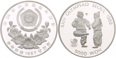 Южная Корея 5000 вон 1987 XXIV Летние Олимпийские игры в Сеуле 1988 года, национальный спорт Chegi Kicking KM 61 серебро PROOF 02-117-33