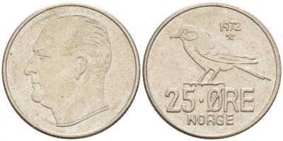 Норвегия 25 эре 1972 Улаф V (1958-1991), синица KM 407 медно-никель 3851-1049