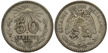 Мексика 50 сентаво 1920 KM 447 серебро  215-1014