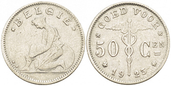 БЕЛЬГИЯ 50 САНТИМОВ 1923 BELGIE KM 88 никель 261-1659