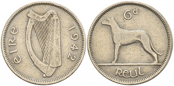 ИРЛАНДИЯ 6 ПЕНСОВ 1942 ИРЛАНДСКИЙ ВОЛКОДАВ KM 13а медно-никель 4544-1146