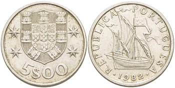 ПОРТУГАЛИЯ 5 ЭСКУДО 1982 ПАРУСНИК KM 591 медно-никель 4513-1054