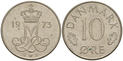 Дания 10 эре 1973 S; B, Маргрете II (1972-) KM 860.1 медно-никель    4602-715