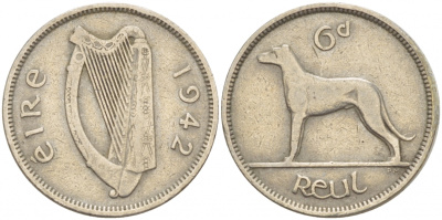 ИРЛАНДИЯ 6 ПЕНСОВ 1942 ИРЛАНДСКИЙ ВОЛКОДАВ KM 13а медно-никель 4544-1146