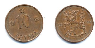 Финляндия 10 пенни 1930 республика (1918-1962) KM 24 медь 51-5332
