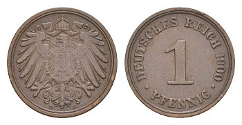Германия 1 пфенниг 1900 D, Вильгельм II (1888-1918) KM 10, J. 10 медь 4639-1121